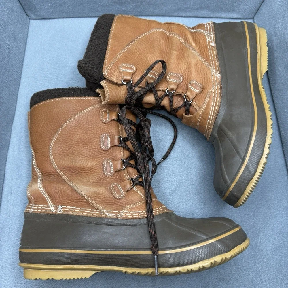 L.L.Bean Women's 9 M Tumbled Leather Lace-Up Snow Duck Boots Brown Fleece Lined